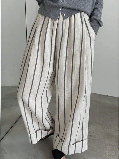 Retro Cuffed Linen Striped Casual Pants Loose Slim Straight Leg Summer Wide Leg Pants for plus Size Women Ladies Fashion