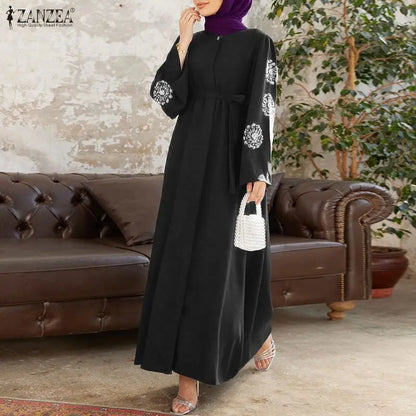 ZANZEA Fashion Women Long Sleeve Muslim Abaya Dresses Floral Printed Dress IsIamic Robe Casual Kaftan Belted Vestidos Ramadan