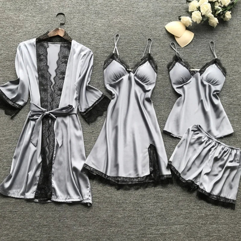 4 Pieces/Set Women's Sexy Lace Pajamas Fashion V-Neck Gown Comfort Pajamas Pajamas Pajamas with Chest Pads Nightdress