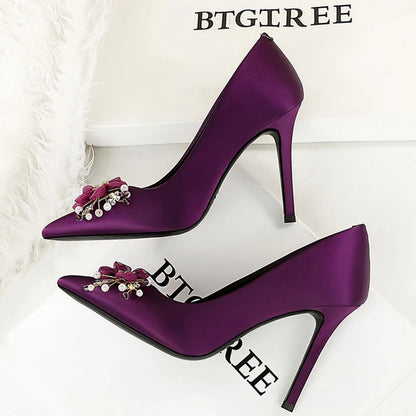 BIGTREE Shoes Flower Bead Design Women Pumps Silks Satins High Heels Luxury Banquet Shoes Stiletto Heels 10 Cm Ladies Shoes 2026