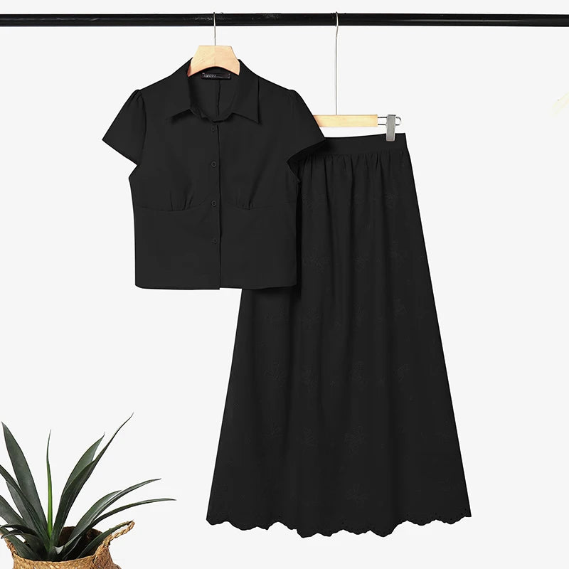 Women's Elegant Chic Skirt Sets ZANZEA Korean Fashion Short Sleeve Short Shirt & Embroidered Maxi Skirt 2 Pieces Sets Outfits