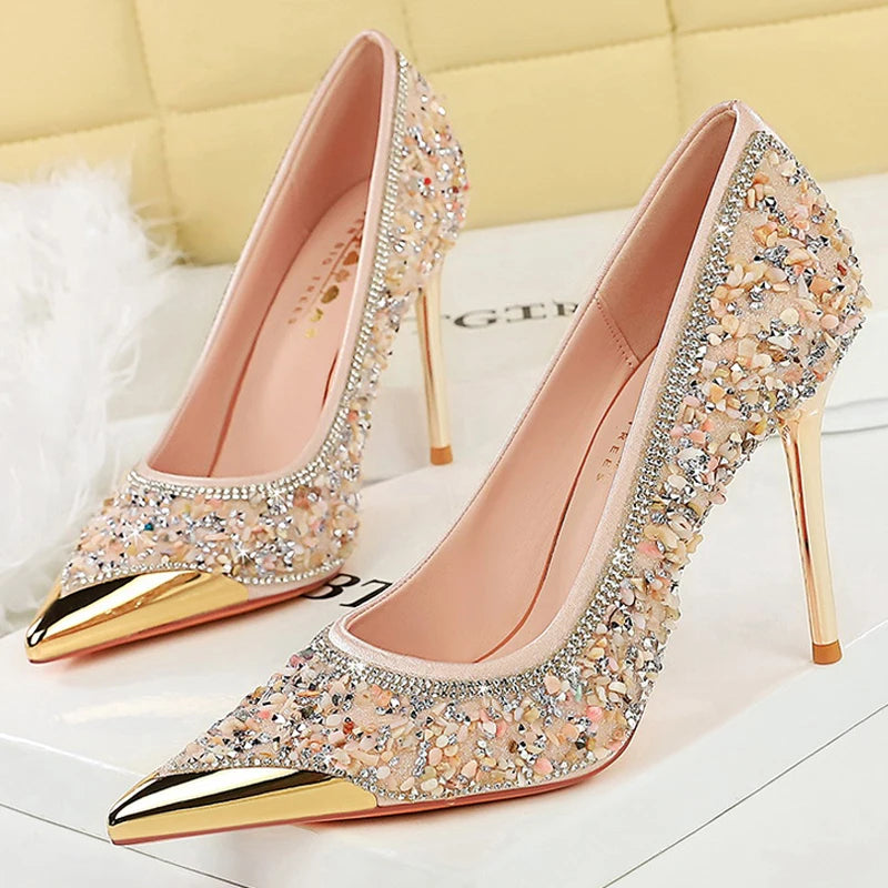 BIGTREE Shoes Rhinestone Shoe Upper Women Pumps Stiletto Heels 9.5 Cm Metal Pointed Tip High Heels Luxury Crystal Pumps Lady