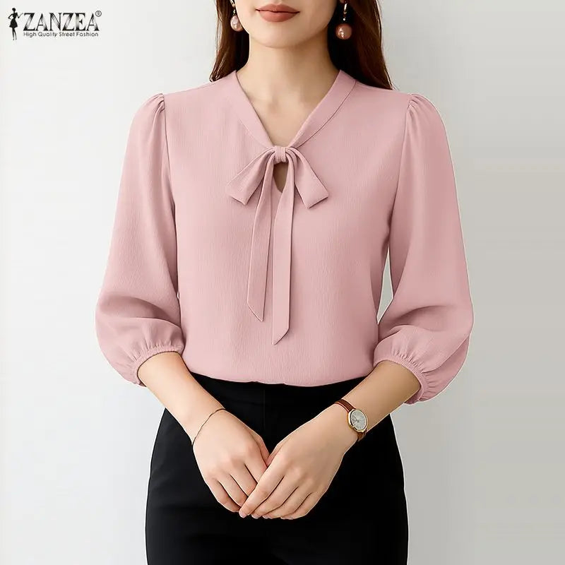 ZANZEA Elegant Minimalist Woman Blouses Bow Tie Neck 3/4 Puff Sleeve Crinkled Texture Solid Color Tops Summer Blusas de Mujer