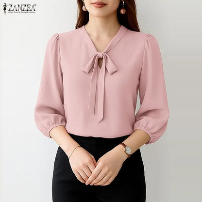 ZANZEA Elegant Minimalist Woman Blouses Bow Tie Neck 3/4 Puff Sleeve Crinkled Texture Solid Color Tops Summer Blusas de Mujer