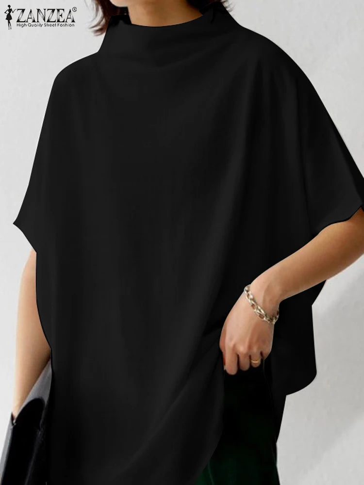 ZANZEA Causal Pure Cotton Blouse Summer Women Solid  Turtleneck Short Sleeve Back Zipper Blusas Elegant Holiday Tops Oversized