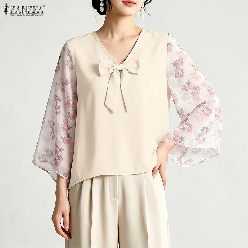ZANZEA 2026 Women Bow Detail Blouses Elegant V-Neck Floral 3/4 Bell Sleeves Patchwork Tops Autumn Loose High Low Blusas Mujer