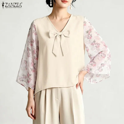 ZANZEA 2026 Women Bow Detail Blouses Elegant V-Neck Floral 3/4 Bell Sleeves Patchwork Tops Autumn Loose High Low Blusas Mujer