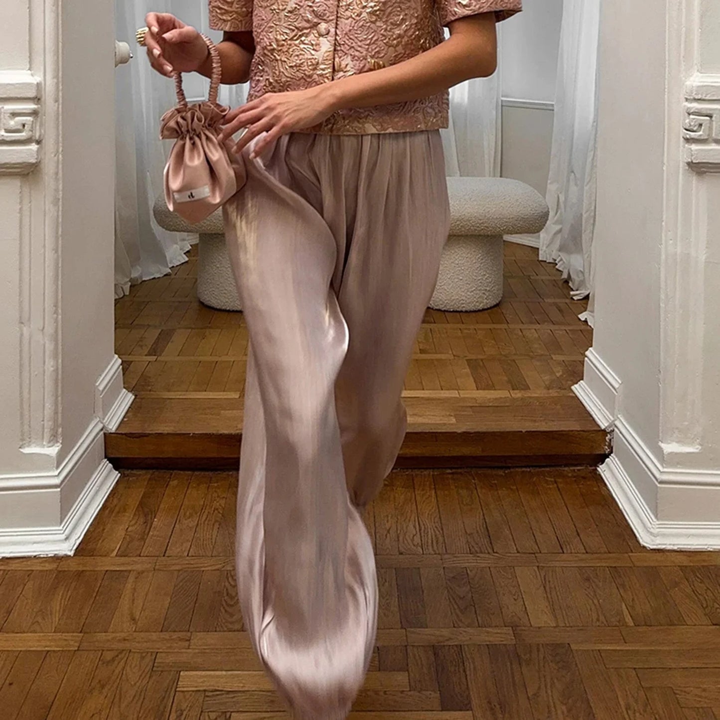 DNBS Satin Finish Women's Loose Balloon Pants, Elastic Cuffed Harem Trousers, Elegant Loungewear for Spring & Summer