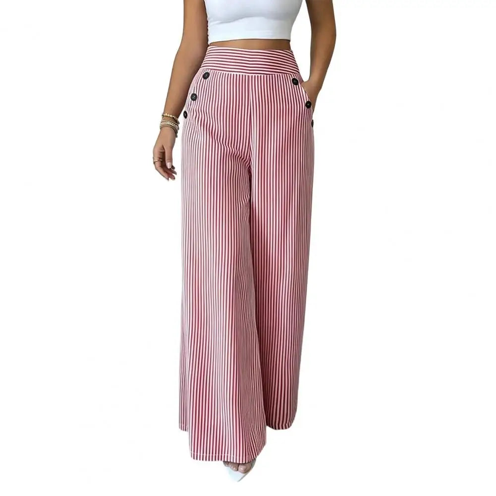 Striped Wide Leg Pants for Women, Loose Casual High Waisted Trousers with Button, Breathable Palazzo Pants with Pockets