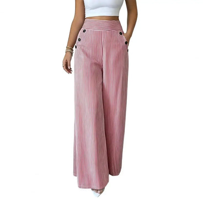 Striped Wide Leg Pants for Women, Loose Casual High Waisted Trousers with Button, Breathable Palazzo Pants with Pockets
