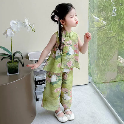 Fashion Chinese Tops Pants Girl Suit Casual Costume Kids Clothes Baby Outfit Summer Two-piece Set Girls Hanfu Children's Sets