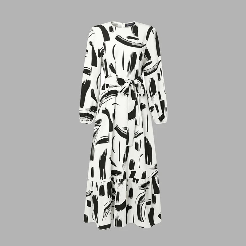 ZANZEA Stylish Women Printed Muslim Dress Abaya Elegant O Neck Long Lantern Sleeve Maxi Sundress Dubai Robe Femme Casual Kaftan