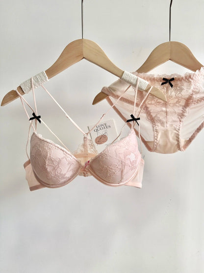 Minimal Romantic Coquette Lace Front Clasp Bra Set Wirefree Ultra Thin Straps Beauty Back Small Bust Create Curvy Lookr MOYISU