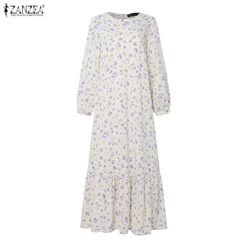 Women Bohemain Printed Maxi Dress ZANZEA Elegant Muslim Abaya Casual Long Sleeve Floral Sundress Kaftan Robe Femme Hijab Vestido