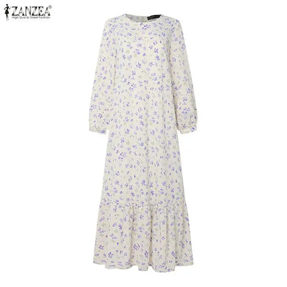 Women Bohemain Printed Maxi Dress ZANZEA Elegant Muslim Abaya Casual Long Sleeve Floral Sundress Kaftan Robe Femme Hijab Vestido
