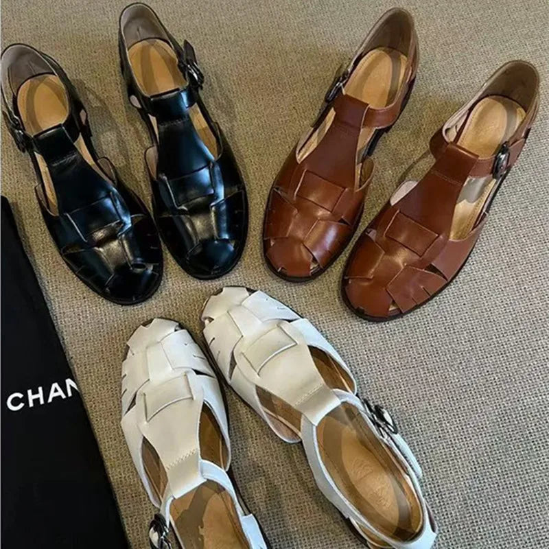 Roman-Style Gladiator Sandals Women Comfort Square-Heel Metal Buckle Straps Flats Sandals Openwork Woven Design Shoes for Women