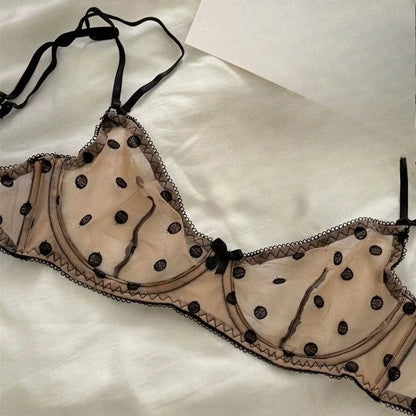 Ladies Polka Dot Lace Embroidery Bra Panty Set Soft Underwire Sheer Mesh Unlined Support Everyday Intimate Lingerie 32-38 Suit