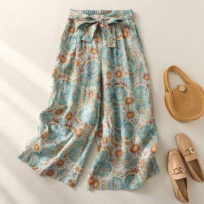 Retro Print Cotton Linen Wide Leg Pants High Waist Belted Slimming Casual Straight Nine Point Trousers for plus Size Women