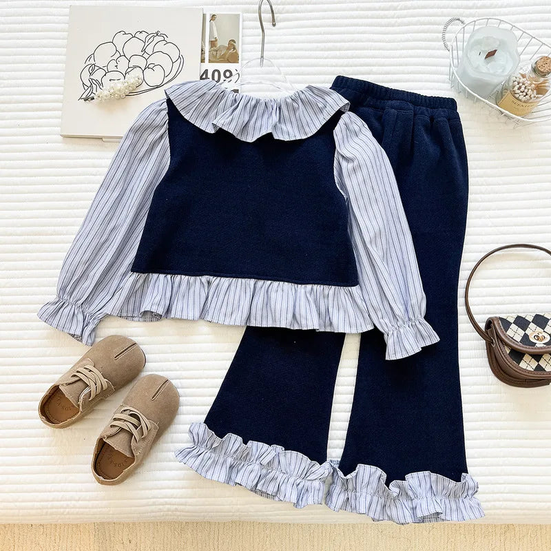 Girls' Spring and Autumn New Korean Style Striped Collared Shirt Long Sleeve Long Pants Two-Piece Set