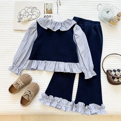 Girls' Spring and Autumn New Korean Style Striped Collared Shirt Long Sleeve Long Pants Two-Piece Set
