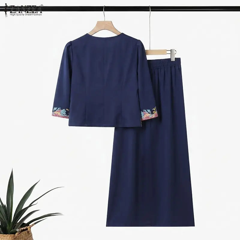 ZANZEA Women's Elegant Floral Print 2 Pieces Matching Skirt Sets 3/4 Sleeve Blouses & Maxi Skirts Suits Office Lady Outfits 2pcs