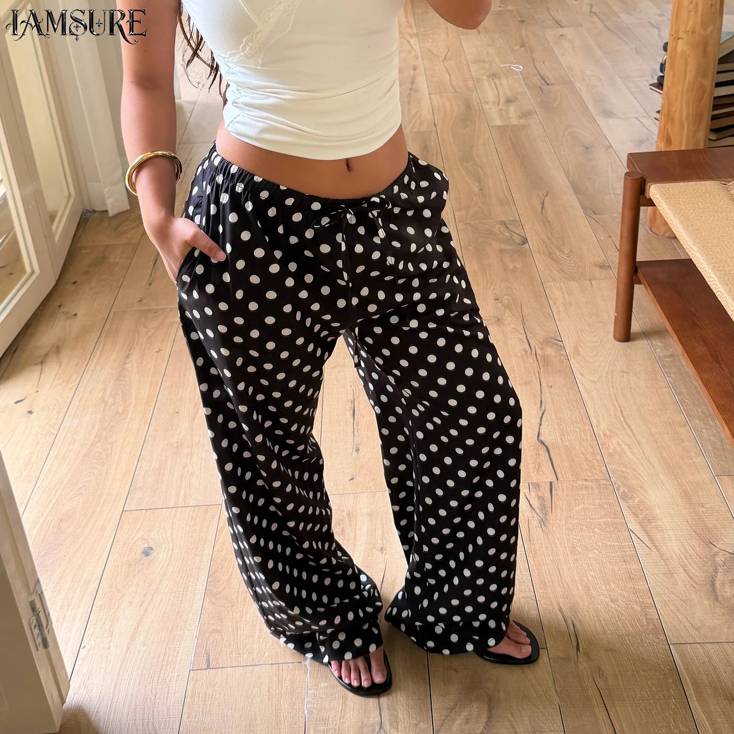 Casual Polka Dot Print Elastic Waist Pants Women's Straight Leg Full Length Woven Trousers Vacation Style Beach Bottoms Fashion
