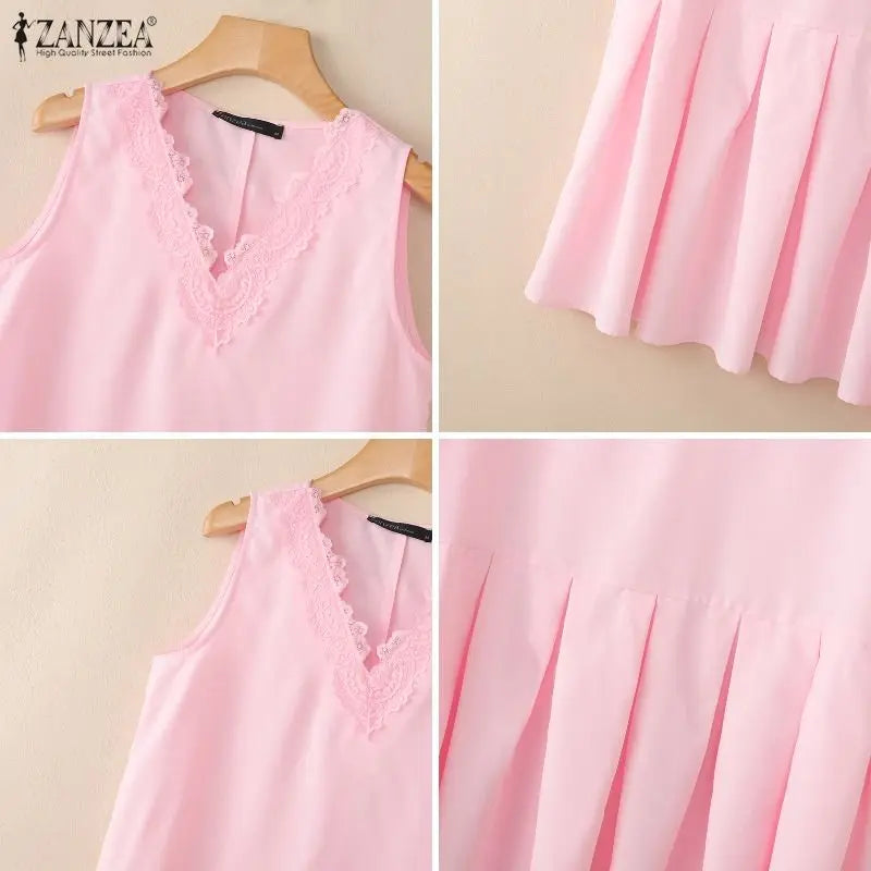 Summer Sleeveless Tops ZANZEA Women Blouses Lace Patchwork V Neck Pleated Blouse Streetwear OL Work Party Blusas Tops Tunic 3XL