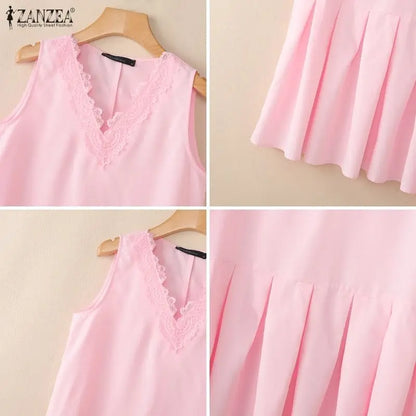 Summer Sleeveless Tops ZANZEA Women Blouses Lace Patchwork V Neck Pleated Blouse Streetwear OL Work Party Blusas Tops Tunic 3XL