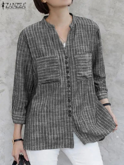ZANZEA Fashion Stripe Printed Shirt Summer  3/4 Sleeve V-Neck Blouse Female Casual Blusas Mujer Woman Elegant Loose Korean Tops