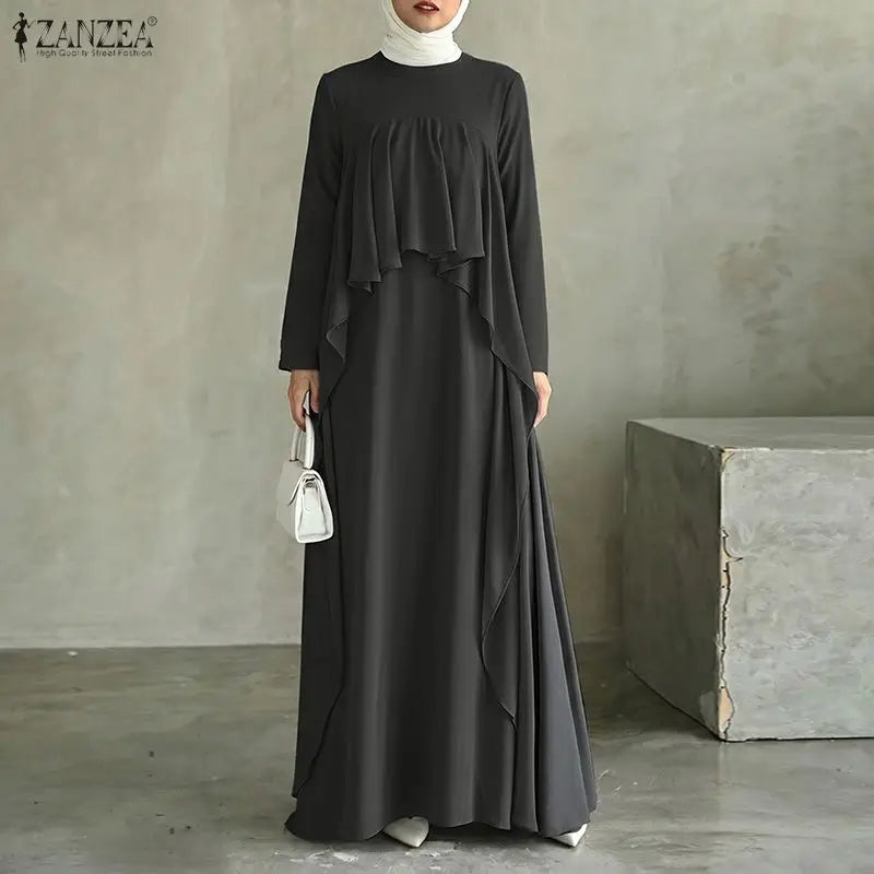 ZANZEA Women Elegant Long Sleeve Muslim Abaya Dress Robe Femme Stylish Ruffled Maxi Dresses Solid Loose Ramadan Sundress Kaftan