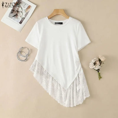 ZANZEA Woman Casual Chic Short Sleeve T-Shirts O-Neck Lace Patchwork Asymmetrical Hem Tops 2026 Summer Fashion Streetwear Tees