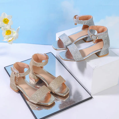 2025 Summer New Children's Sandals Fashion Girls' High Heels Silver Sequins Open Toed Girls' Princess Sandals