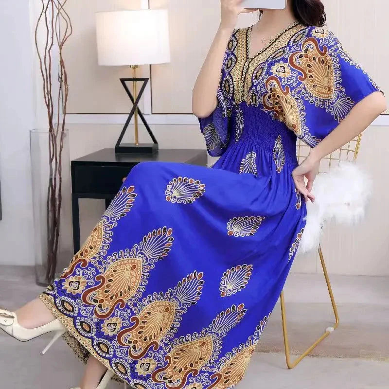 Casual Elegant Retro Bohemian National Style V-neck Elastic  Waist Large Swing Printed Summer Long Skirt Woman Dress Clothes