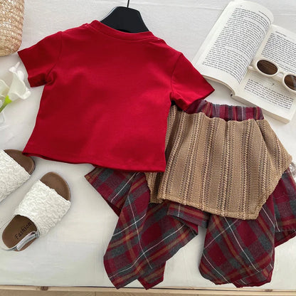 Girls' New Summer Short-Sleeve Ethnic Style Lace Patchwork Plaid Skirt Two-Piece Set