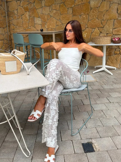 Silver 3d Petal Sequin Casual Pant Elastic Waist Loose Slimming Sequin Wide-leg Pants 2026 Evening Gathering Vibe Outfit