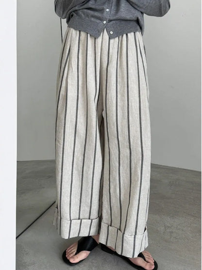 Retro Cuffed Linen Striped Casual Pants Loose Slim Straight Leg Summer Wide Leg Pants for plus Size Women Ladies Fashion
