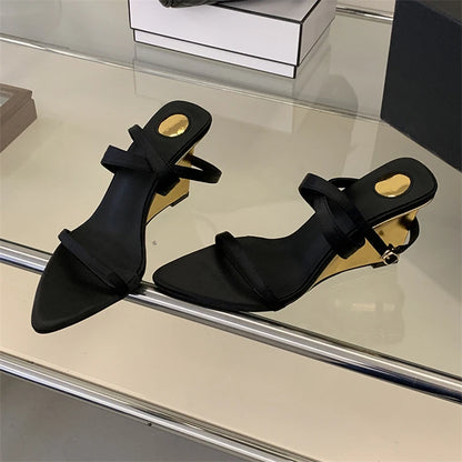 Elegant Wedge Peep Toe Women Sandals Sexy Pointed Toe High Heels for Ladies Summer Street Style Cross-Strap Sandalias De Mujer