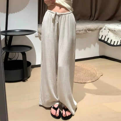 Casual Ice Silk Linen Stripe Wide Leg Pants Women Summer Thin plus Size Loose Drapey Small Cotton Linen Pants High Waist Stra...