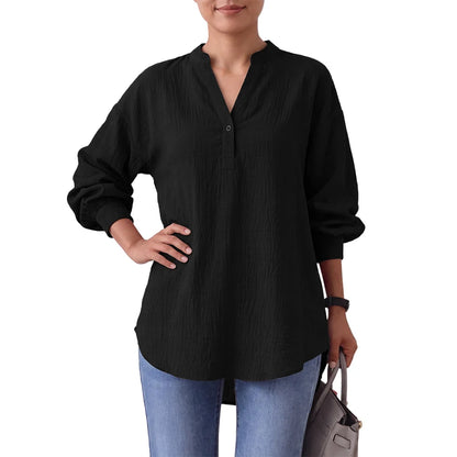 ZANZEA Oversized High-Low Blouses Woman V-Neck Lantern Sleeves Crinkled Fabric Solid Color Tops 2026 Autumn Casual Work Blusas