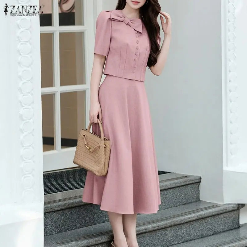 2026 ZANZEA Summer Outfits Elegant Women OL Work Dress Sets Short Sleeve Cropped Shirt A Line Skirt Suit Office 2 Pieces Sets