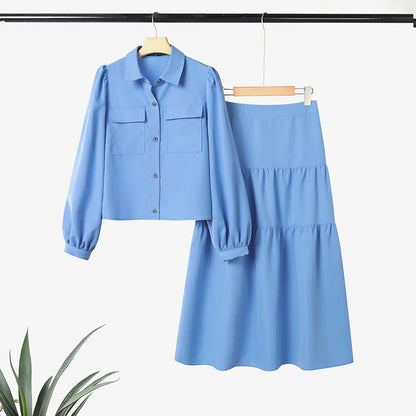 ZANZEA Casual Women's 2 Piece Skirt Sets Long Sleeve Shirts and Elastic Waist Midi Skirts Suits 2pcs Elegant Woman Outfits