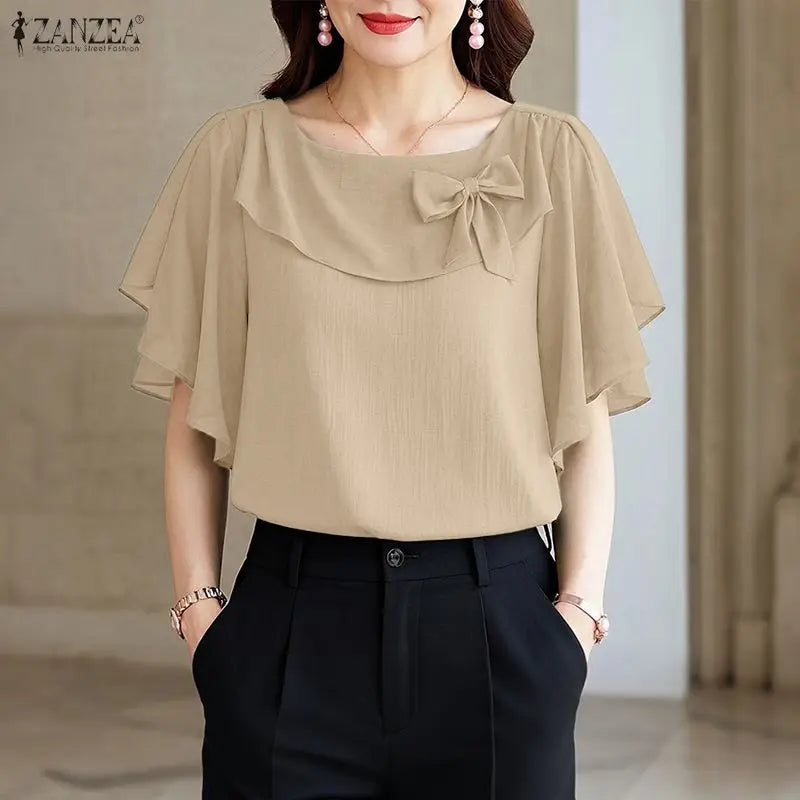 ZANZEA Women Elegant Bow Detail Blouses Summer Square Neck Ruffle Sleeves Solid Color Pullover Tops Casal Loose Blusas de Mujer