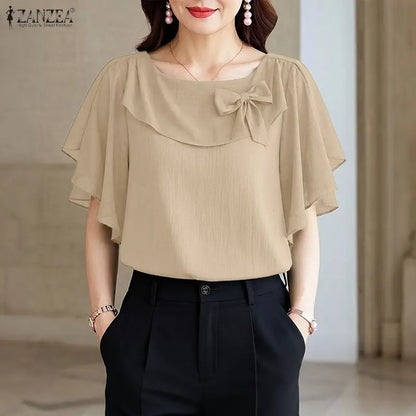 ZANZEA Women Elegant Bow Detail Blouses Summer Square Neck Ruffle Sleeves Solid Color Pullover Tops Casal Loose Blusas de Mujer