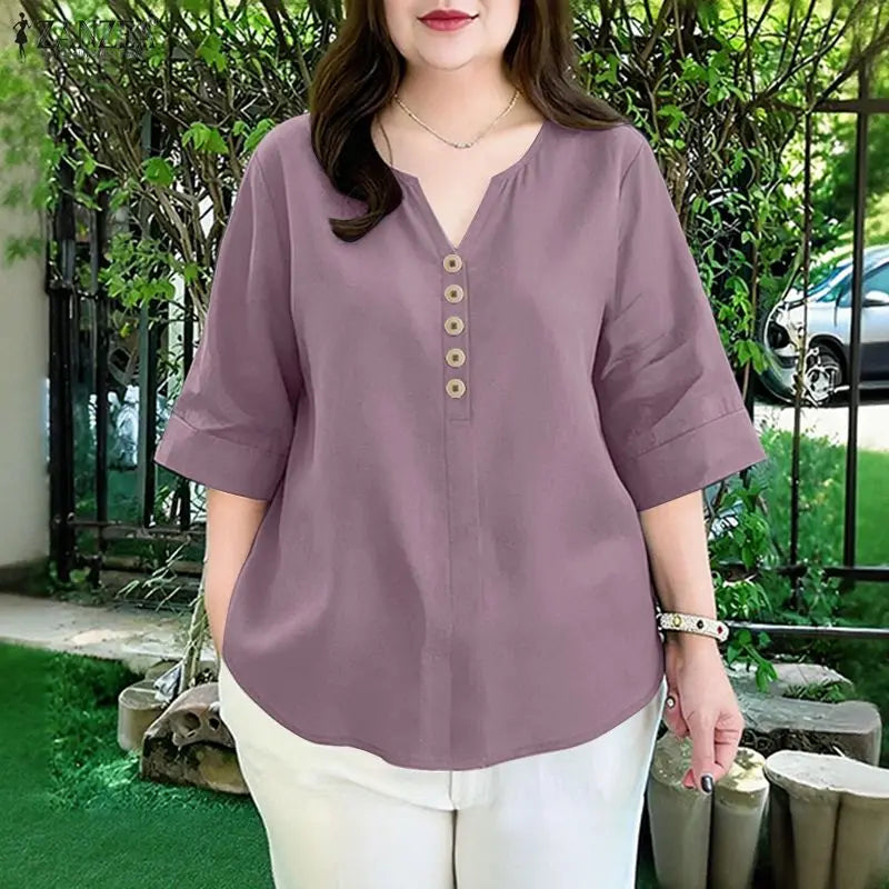 ZANZEA Woman Cotton Linen 3/4 Sleeve Blouses V-Neck Half-Button Solid Color Tops Spring Summer Daily Casual Wear Blusas de Mujer