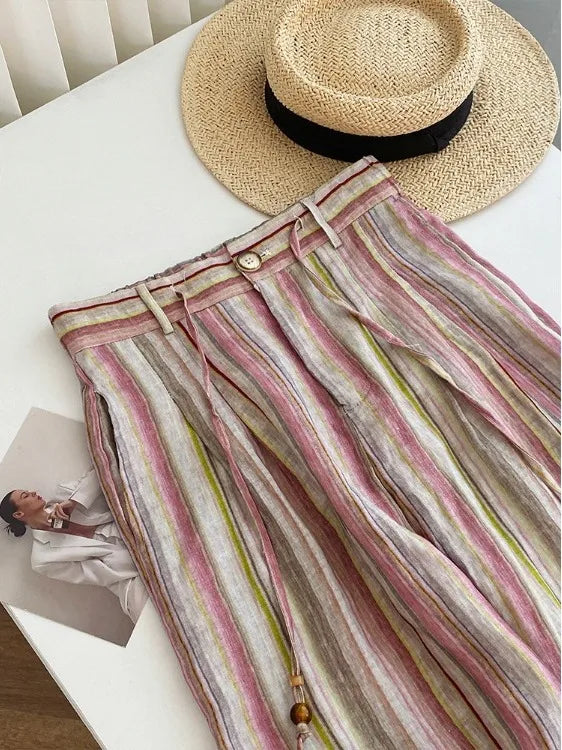 Pink Striped Wide Leg Pants Loose Fit Casual Summer Trousers for plus Size Women Comfortable Elastic Waist Straight Cut