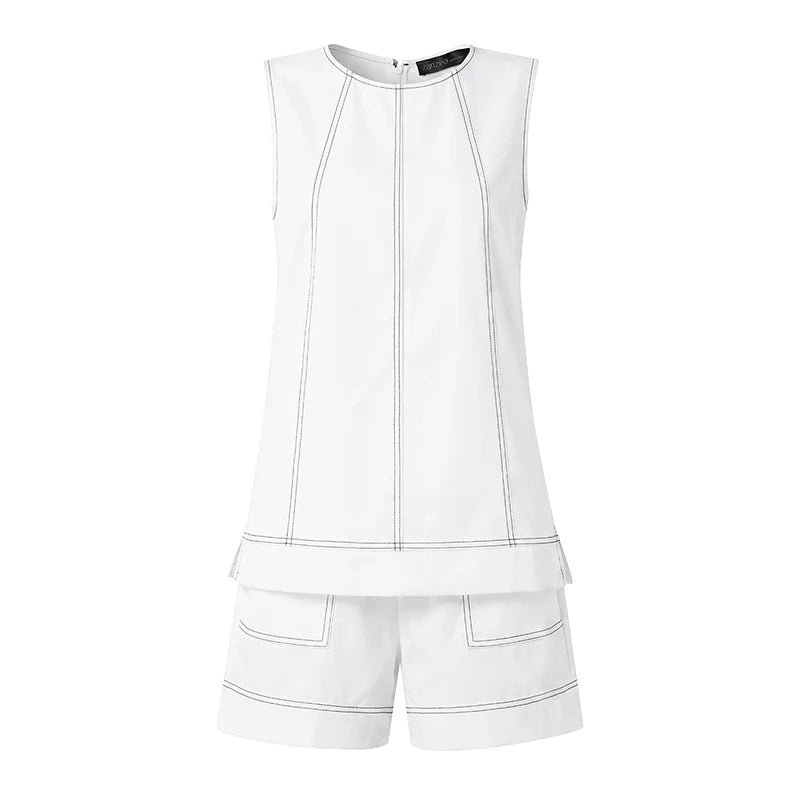 ZANZEA 2PCS Holiday Outfits Fashion Summer 2 Pieces Sets Women O Neck Sleeveless Tanks Shorts Sets Contrast Stitching Tracksuit