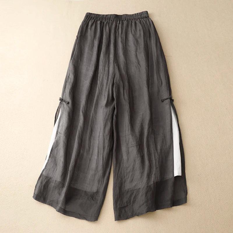 Gray Cotton Linen Casual Elastic High Waist With Lining Women's Pants Korean Fashion Wide Leg Ankle-Length Pants For Women 2024