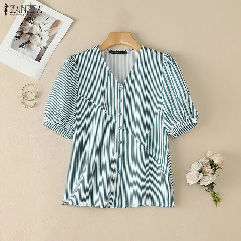 ZANZEA 2026 Woman Striped Patchwork Button Up Shirts V-Neck Half Puff Sleeve Blouses Summer Daily Casual Commute Camisas Mujer