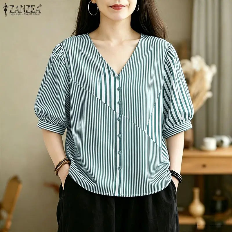 ZANZEA 2026 Woman Striped Patchwork Button Up Shirts V-Neck Half Puff Sleeve Blouses Summer Daily Casual Commute Camisas Mujer