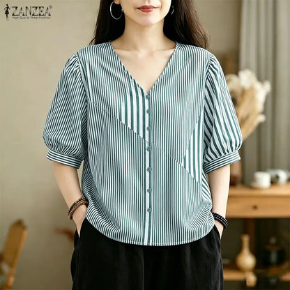 ZANZEA 2026 Woman Striped Patchwork Button Up Shirts V-Neck Half Puff Sleeve Blouses Summer Daily Casual Commute Camisas Mujer